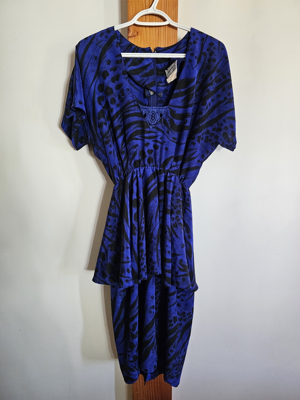Vintage 80s Blue & Black Patterned Women's Midi Dress